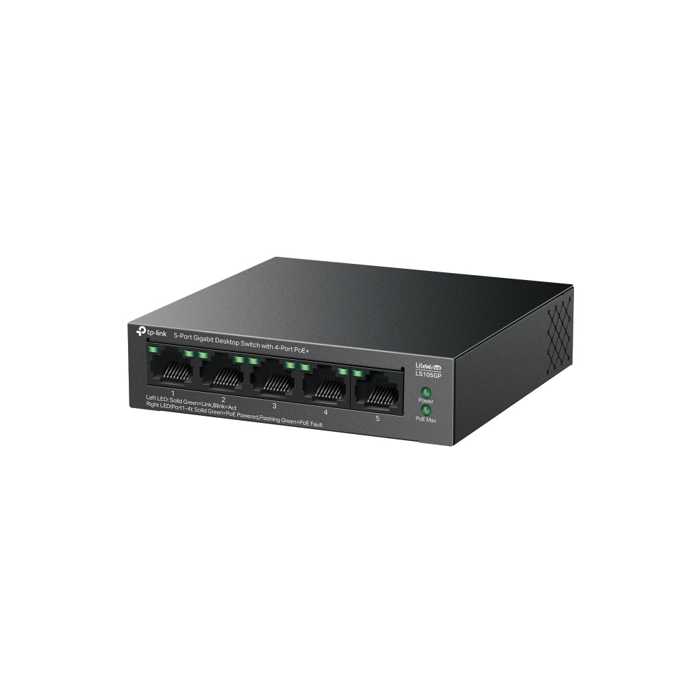 TP-Link LS105GP 5-Port Gigabit Desktop Switch with 4-Port PoE+ | 65W 250M with Extend Mode TP-Link LS105GP 5-Port Gigabit Desktop Switch with 4-Port PoE+ | 65W 250M with Extend Mode